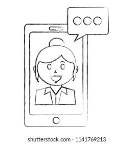 smartphone device with businesswoman and speech bubble