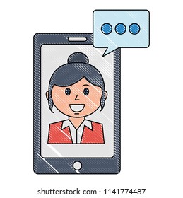 smartphone device with businesswoman and speech bubble