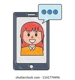 smartphone device with businesswoman and speech bubble