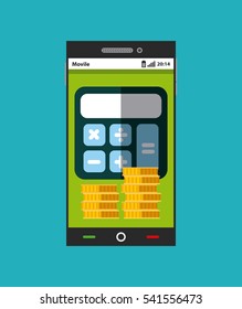 smartphone device with calculator and gold coins icons on screen over blue background. colorful design. vector illustration