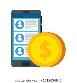 smartphone device with chat and coin vector illustration design