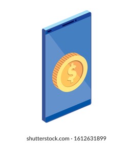 smartphone device with coin isolated icon vector illustration design