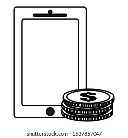 smartphone device with coins money vector illustration design