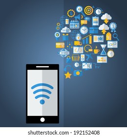 Smartphone device concept with applications (app) icons on dark background. Flat design. Vector illustration 