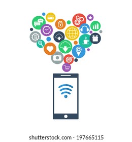 Smartphone device concept with applications (app) icons on white background. Flat design. Vector illustration.