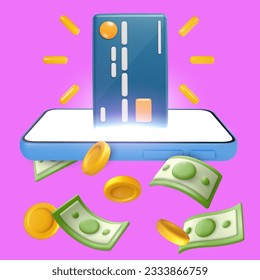 Smartphone device with credit card and flying money and golden coins in bright realistic 3d style. Creative minimal vector illustration. Vivid business commercial concept art.