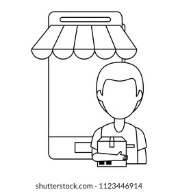 smartphone device with delivery worker