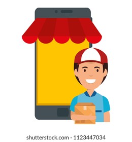smartphone device with delivery worker
