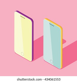 Smartphone device, Flat isometric in vector illustration format,  Touchscreen display, Modern technologies of communication. 