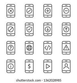 Smartphone Device Icon Set. Contains such Icons as Upload, Download, Warning, Develop, Mobile Web, Status and more. Expanded Stroke