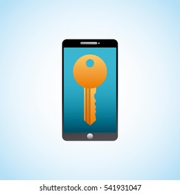 smartphone device with key icon on screen over white background. colorful desing. vector illustration