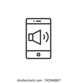 Smartphone device with loudspeaker line icon, outline vector sign, linear style pictogram isolated on white. Mobile phone sound button symbol, logo illustration. Editable stroke