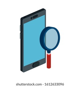 smartphone device with magnifying glass vector illustration design