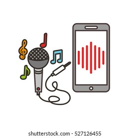 smartphone device and microphe with musical notes over white background. music and technology design. vector illustration