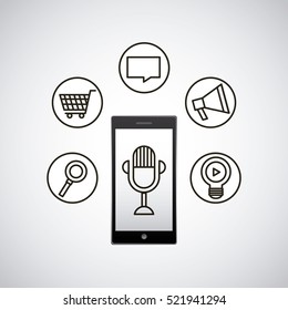 smartphone device with microphone on screen and communication icons around. vector illustration