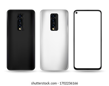 Smartphone device mockups  front back view. Vector illustration for  technology advertising element and easy place demo on screen.