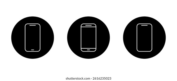 Smartphone device outline icon set on black circle. Mobile phone, cellphone sign. Gadget symbol