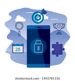 smartphone device with padlock and set icons