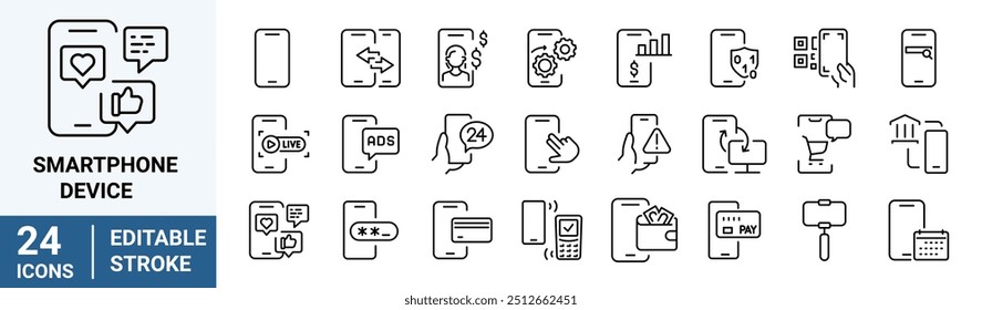 Dispositivo Smartphone, relatório telefônico e conjunto de aplicativos de download. Ícones de linha de aplicativos móveis. Toque de dedo, pagamento móvel e ícones de linha de aplicativo de dispositivo telefônico. Calcular relatório, código do smartphone, mensagem de chat.