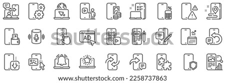 Smartphone device, phone report and download app set. Mobile apps line icons. Finger touch, mobile payment and phone device app line icons. Calculate report, smartphone code, chat message. Vector