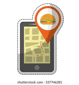 smartphone device with pin with burger icon over white background. colorful design. vector illustration