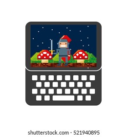 smartphone device with pixel videogame on screen over white background. vector illustration