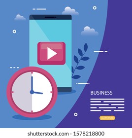 smartphone device with play symbol and clock vector illustration design