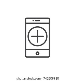 Smartphone device and plus sign on display line icon, outline vector sign, linear style pictogram isolated on white. Mobile add button symbol, logo illustration. Editable stroke