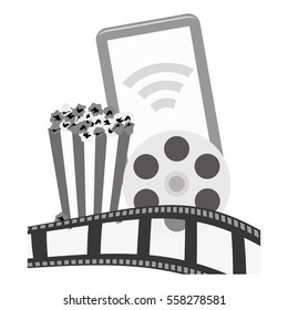 smartphone device with pop corn and film strip icon over white background. entertainment and technology design. vector illustration