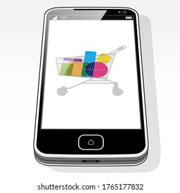 Ein Smartphone-Gerät, das auf dem Bildschirm ein Online-Shopping-Warenkorb darstellt.