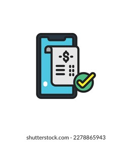 Smartphone device with receipt, electronic invoice, online invoice, payment approved filled outline icons. Vector illustration. Isolated icon suitable for web, infographics, interface and ap