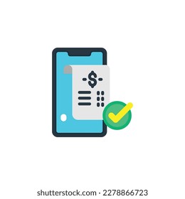 Dispositivo Smartphone con recibo, factura electrónica, pago de factura en línea, iconos planos aprobados de pago. Ilustración vectorial. Icono aislado adecuado para web, infografías, interfaz y aplicaciones.