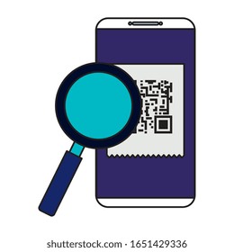 smartphone device with scan code qr and magnifying glass vector illustration design