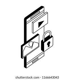 smartphone device with set icons and padlock isometric icon