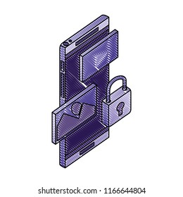 smartphone device with set icons and padlock isometric icon