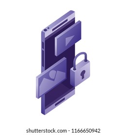 smartphone device with set icons and padlock isometric icon