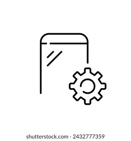 Rueda de configuración de smartphone y dispositivo. Configuración móvil y ajustes personalizados. Trazo editable perfecto de píxeles
