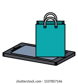 smartphone device with shopping bag vector illustration design