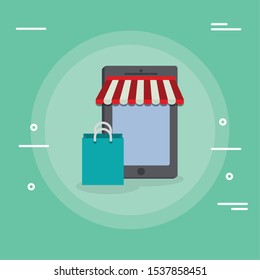 smartphone device with shopping bag vector illustration design