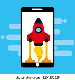 smartphone device with startup rocket isolated icon