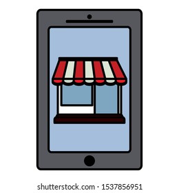 smartphone device with store building vector illustration design