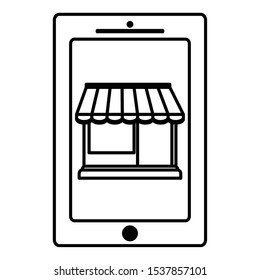 smartphone device with store building vector illustration design