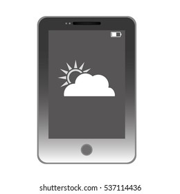 smartphone device with sun and cloud icon on screen over white background. vector illustration