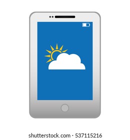smartphone device with sun and cloud icon on screen over white background. vector illustration