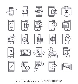 smartphone device technology digital app and conection thin line style design icons set vector illustration