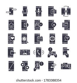 tecnología para dispositivos smartphone aplicación digital y diseño estilo de silueta de conexión iconos conjunto ilustración vectorial