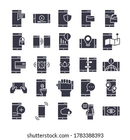 smartphone device technology digital app and conection silhouette style design icons set vector illustration