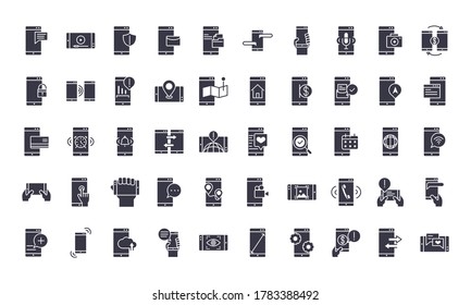 smartphone device technology digital app and conection silhouette style design icons set vector illustration