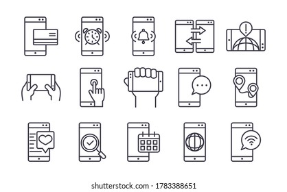 smartphone device technology digital app and conection thin line style design icons set vector illustration