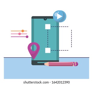 smartphone device technology with pin location vector illustration design